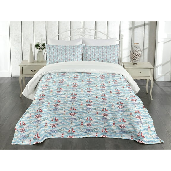 Ambesonne Lighthouse Quilted Bedspread Set 3 Pcs, Ocean Themed Ship, Queen Size, Pale Blue Purple Red