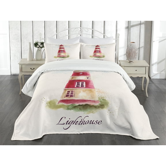 Ambesonne Lighthouse Quilted Bedspread Set 3 Pcs, Pastel Watercolors, Queen Size, Multicolor