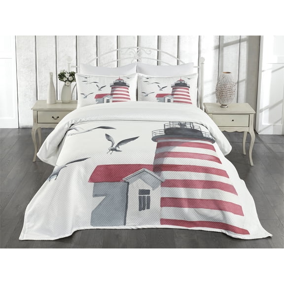 Ambesonne Lighthouse Quilted Bedspread Set 3 Pcs, Seagulls Beach Sea, King Size, Red Grey White