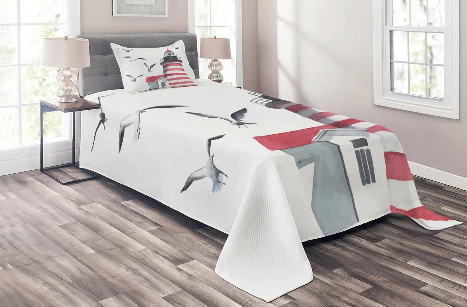 Twin White Quilted Bedspread Set with Lighthouse Design