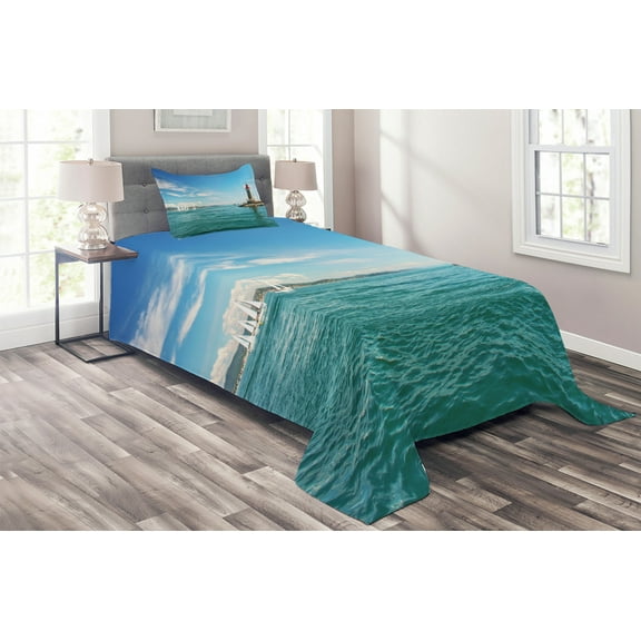 Ambesonne Lighthouse Quilted Coverlet 2 Pcs, Sunny Day by the Sea, Twin Size, Multicolor