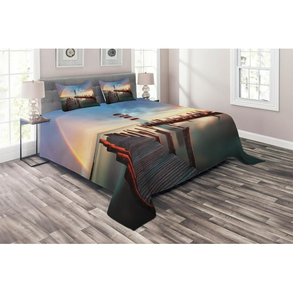 Ambesonne Lighthouse Quilted Coverlet 3 Pcs, Clouds Sunset at Sea, King Size, Multicolor