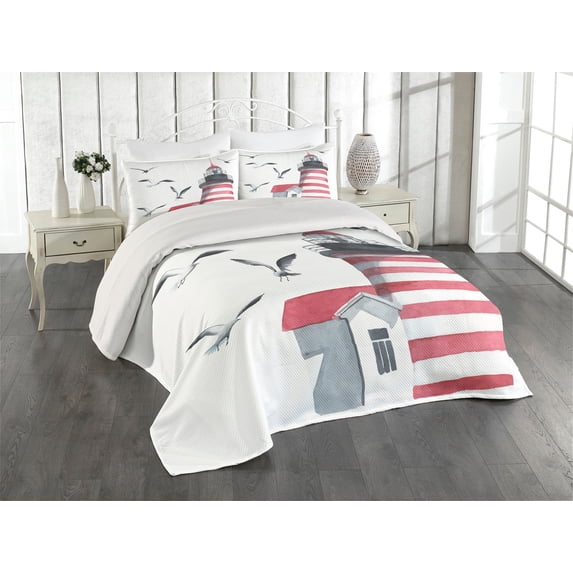 Ambesonne Lighthouse Quilted Coverlet 3 Pcs, Seagulls Beach Sea, King Size, Red Grey White