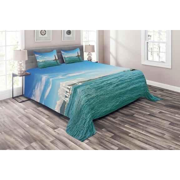 Ambesonne Lighthouse Quilted Coverlet 3 Pcs, Sunny Day by the Sea, Queen Size, Multicolor