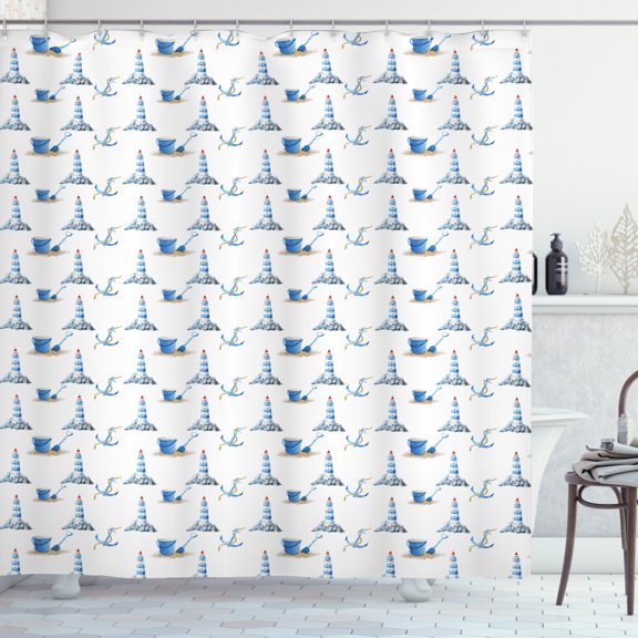Ambesonne Lighthouse Shower Curtain, Hand Drawn Beach, 69"Wx70"L, Blue White