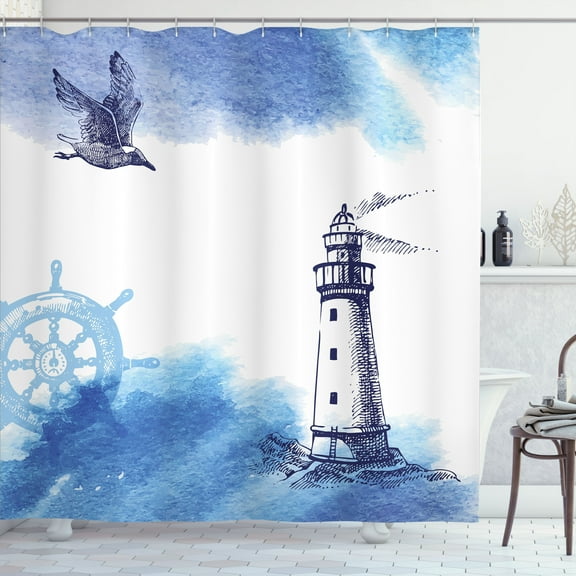 Ambesonne Lighthouse Shower Curtain, Handdrawn Art Anchor, 69"Wx70"L, Blue and White