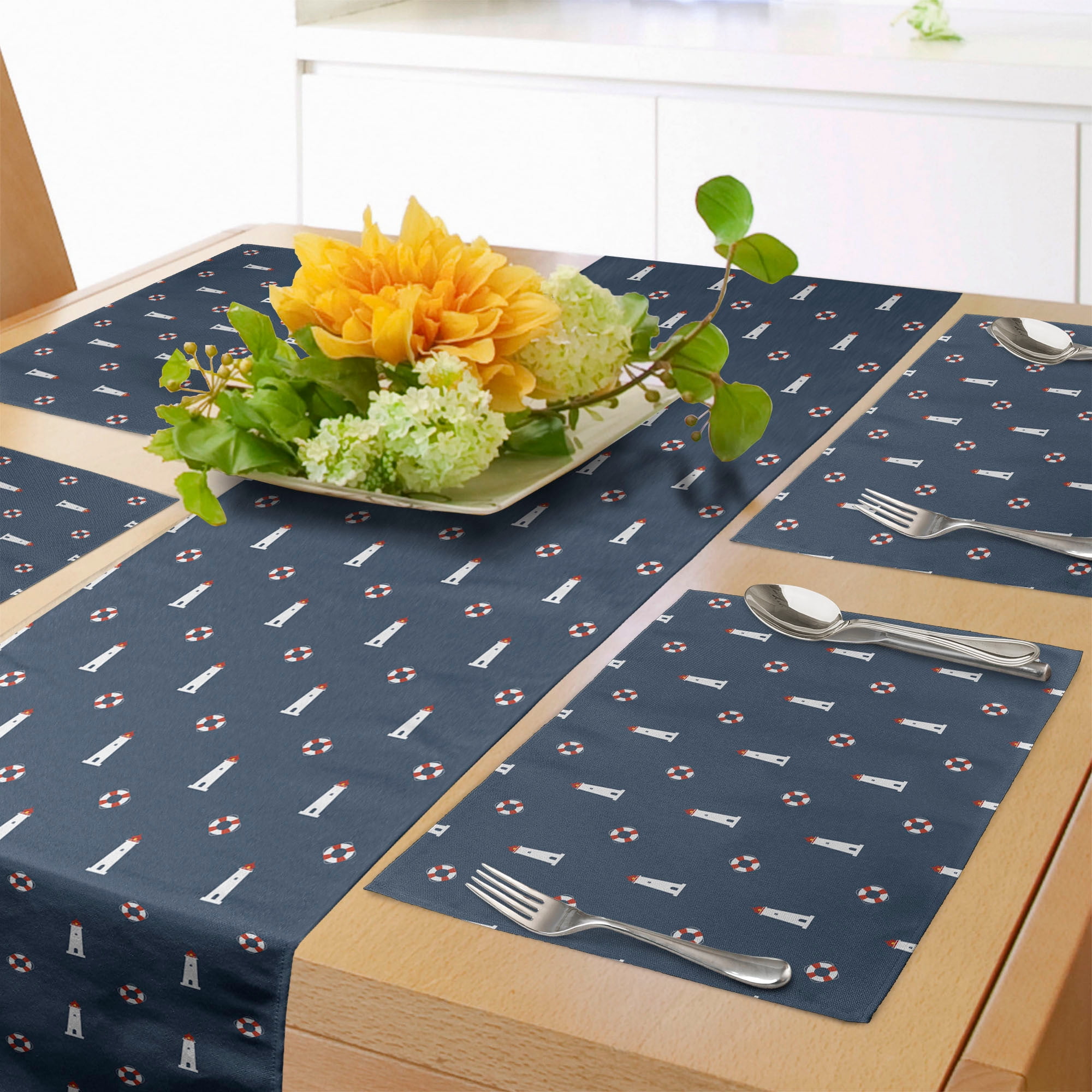 Ambesonne Lighthouse Table Runner & Placemats, Nautical Themed Form, Placemat 4 pcs + Runner 12