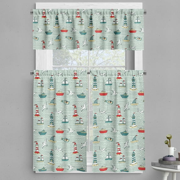 Ambesonne Lighthouse Valance & Curtain, Message Bottle Gulls, 55"x36", Multicolor