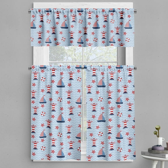 Ambesonne Lighthouse Valance & Curtain, Ocean and Waves, 55"x24", Pale Blue Red White