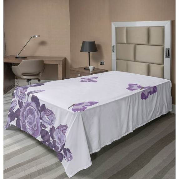 Ambesonne Lilac Flat Sheet, Bridal Roses Butterflies, Twin Size, Lilac and Violet
