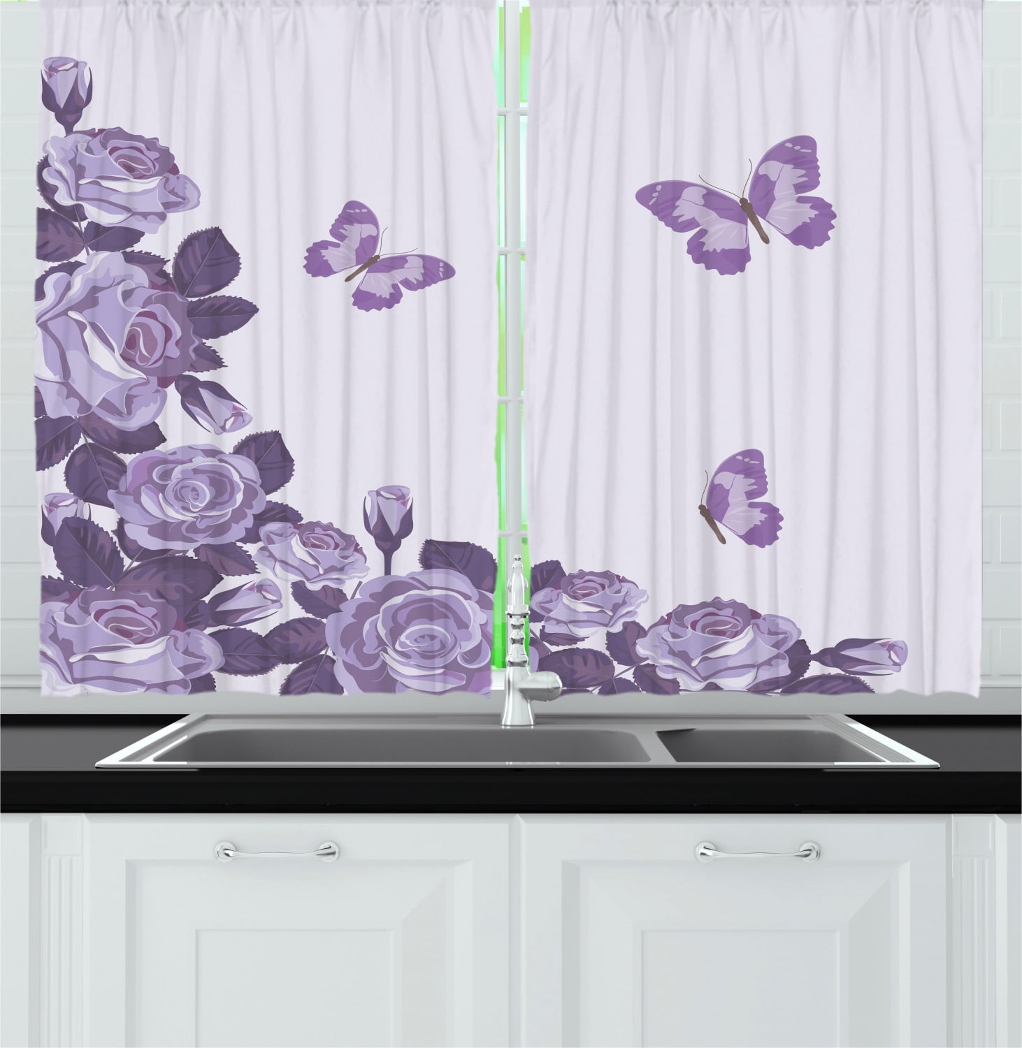 Lilac and Violet Floral Butterfly Polyester Kitchen Curtains