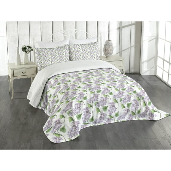 Ambesonne Lilac Quilted Bedspread Set 3 Pcs, Watercolor Herbal Bunch, King Size, Lilac and Green