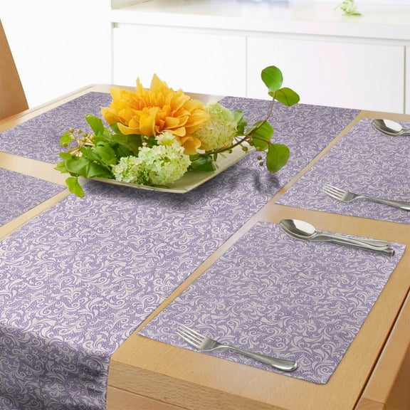 Ambesonne Lilac Table Runner & Placemats, Scroll Style Curly Leaves, Placemat 4 pcs + Runner 12"x72", Pale Mauve and Lavender