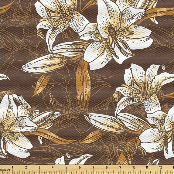 Ambesonne Lilies Fabric by the Yard Upholstery, Cottagecore Floral Vintage, 2 Yards, Maroon Eggshell Amber