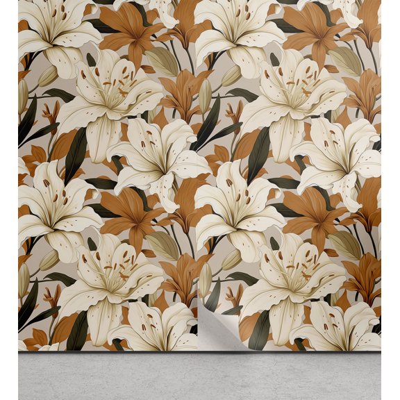 Ambesonne Lilies Peel & Stick Wallpaper for Home, Amber and Creamy Flowers, 13"x72", Ginger Eggshell and Evergreen