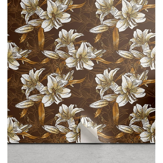 Ambesonne Lilies Peel & Stick Wallpaper for Home, Cottagecore Floral Vintage, 13"x100", Maroon Eggshell Amber