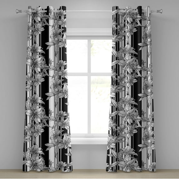 Ambesonne Lily Floral Grommet Curtain, Japan Flowers Outline, 50"x120", Charcoal Grey White