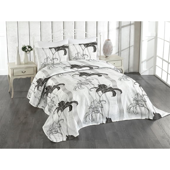 Ambesonne Lily Floral Quilted Coverlet 2 Pcs, Outline Floral Pattern, Twin Size, Coconut Charcoal Grey