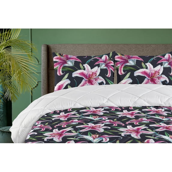 Ambesonne Lily Flowers Down Alternative Quilt Comforter, Watercolor Leafy Bloom, King, Magenta Jade Green