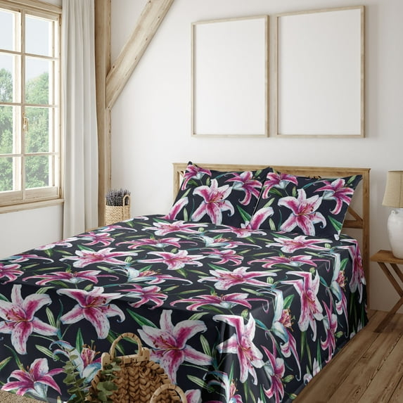 Ambesonne Lily Flowers Fitted & Flat Sheet with Shams 4 Pcs Set, Watercolor Leafy Bloom, King, Magenta Jade Green