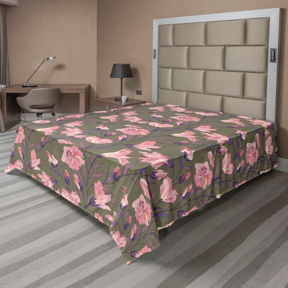Ambesonne Lily Flowers Flat Bedding Sheet Soft Top Sheet, Fantasy Floral Retro, Full, Indigo Pastel Pink