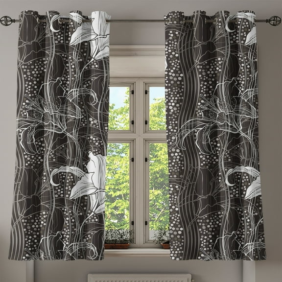Ambesonne Lily Flowers Grommet Curtain, Vintage Sketch Floral, 50"x60", Charcoal Grey White
