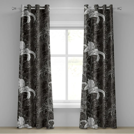 Ambesonne Lily Flowers Grommet Curtain, Vintage Sketch Floral, 50"x96", Charcoal Grey White
