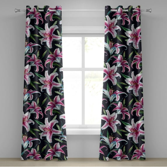 Ambesonne Lily Flowers Grommet Curtain, Watercolor Leafy Bloom, 50"x120", Magenta Jade Green