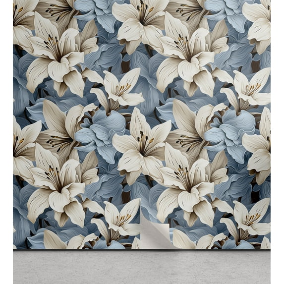 Ambesonne Lily Flowers Peel & Stick Wallpaper for Home, Sky Neutral Petals, 13"x72", Blue Grey and Eggshell