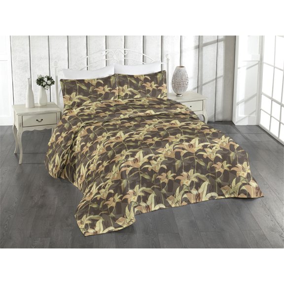 Ambesonne Lily Flowers Quilted Bedspread Set 3 Pcs, Modern Woods Floral, Twin, Pale Yellow Ecru