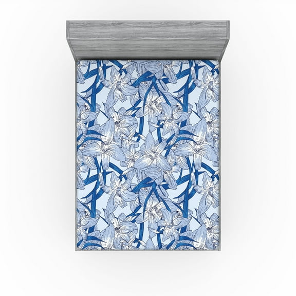 Ambesonne Lily Pattern Fitted Sheet, Boho Atmosphere Floral, California King, Dark Lavender Ceil Blue