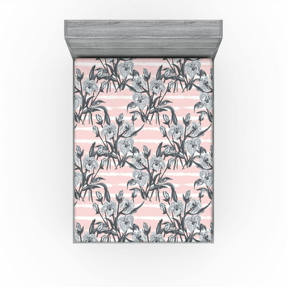 Ambesonne Lily Pattern Fitted Sheet, Neutral Flowers Print, California King, Pastel Pink Pale Grey
