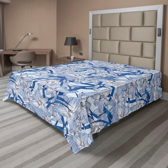Ambesonne Lily Pattern Flat Bedding Sheet Soft Top Sheet, Boho Atmosphere Floral, King, Dark Lavender Ceil Blue