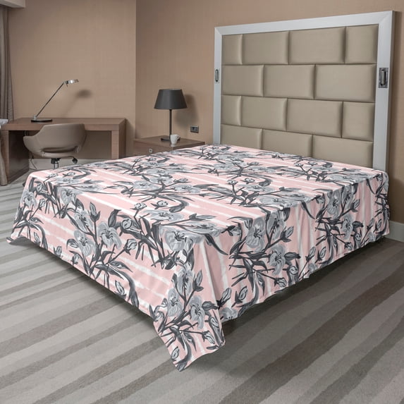 Ambesonne Lily Pattern Flat Bedding Sheet Soft Top Sheet, Neutral Flowers Print, King, Pastel Pink Pale Grey