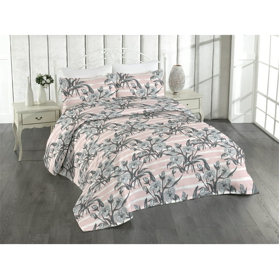 Ambesonne Lily Pattern Quilted Bedspread Set 3 Pcs, Neutral Flowers Print, Twin, Pastel Pink Pale Grey