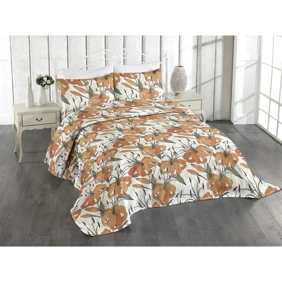 Ambesonne Lily Pattern Quilted Coverlet 3 Pcs, Blooming Floral Art, King Size, Dark Salmon Peacock Green
