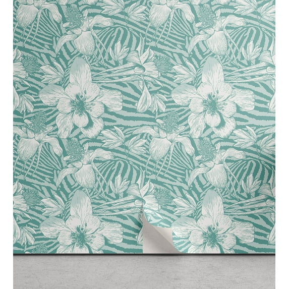 Ambesonne Lily Peel & Stick Wallpaper for Home, Flowers Stripes Flora Plot, 13"x100", Dark Seafoam White