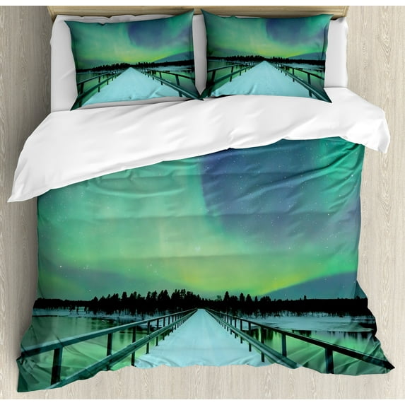 Ambesonne Lime Green Duvet Cover Set, Bridge Snowy Arctic, 2-Calking, Lime Green Petrol Blue