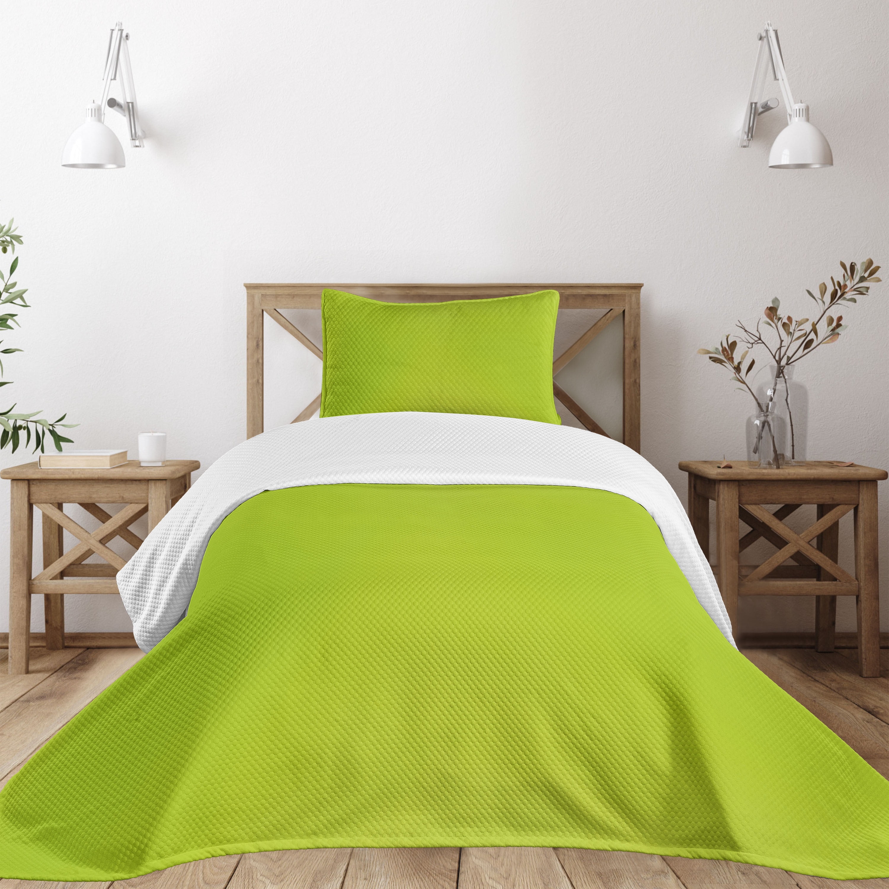 Lime Green and White Quilted Twin Bedspread Set