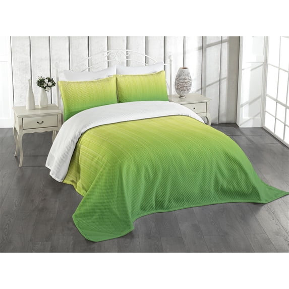 Ambesonne Lime Green Quilted Bedspread Set 2 Pcs, Striped Futuristic, Twin Size, Pale Green