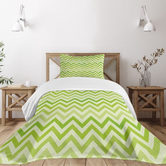 Ambesonne Lime Green Quilted Bedspread Set 2 Pcs, Traditional Chevron, Twin Size, Pale Green