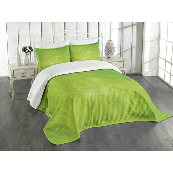 Ambesonne Lime Green Quilted Bedspread Set 3 Pcs, Cloudy Color Shade, Queen Size, Lime Green Avocado Green