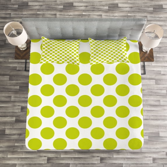 Ambesonne Lime Green Quilted Bedspread Set 3 Pcs, Girlish Vintage Dots, King Size, Lime Green White