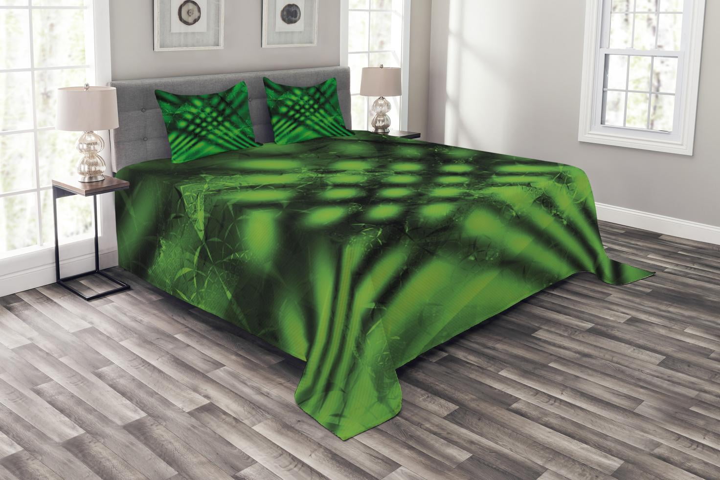 King Size Black and Green Quilted Bedspread Set