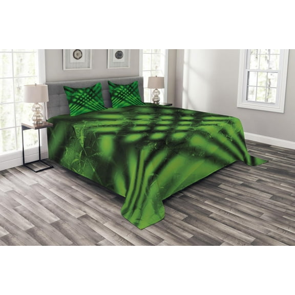 Ambesonne Lime Green Quilted Bedspread Set 3 Pcs, Psychedelic Blurry, King Size, Hunter Green Black