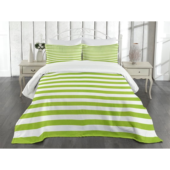 Ambesonne Lime Green Quilted Bedspread Set 3 Pcs, Watercolor Lines, King Size, White Lime Green