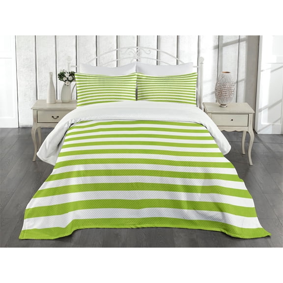 Ambesonne Lime Green Quilted Bedspread Set 3 Pcs, Watercolor Lines, Queen Size, White Lime Green