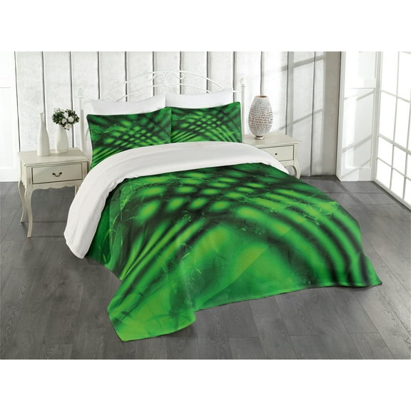 Ambesonne Lime Green Quilted Coverlet 3 Pcs, Psychedelic Blurry, King Size, Hunter Green Black