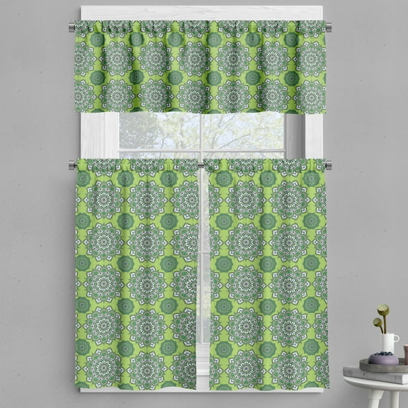 Ambesonne Lime Green Valance & Curtain, Moroccan Mandala, 55"x45", Fern Green White