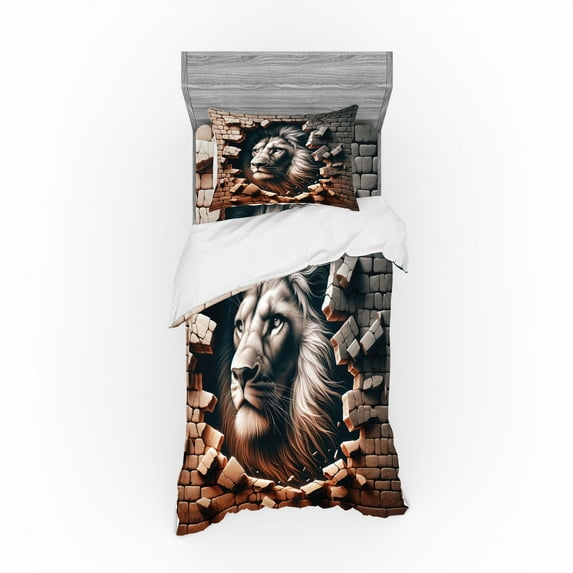 Ambesonne Lion Bedding Set 3 Pcs, Brick Wall and Classical Pose, TwinXL, Ginger Coconut